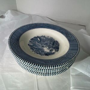 Vintage set of 6 Royal China Currier & Ives “ early Winter” soup bowls 8”